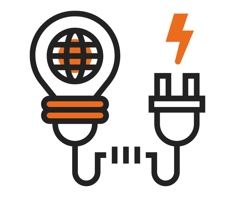 Disegno stilizzato di una lampadina collegata a una spina. All'interno del bulbo della lampadina, l'immagine stilizzata del simbolo di internet (un cerchio attraversato da righe parallele e trasversali) I profili del disegno sono neri con alcuni elementi in arancione