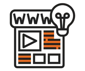 immagine molto stilizzata della pagina principale di un sito internet, con elementi geometrici a simboleggiare un pulsante, due immagini e due spazi per inserire testi. Nella parte superiore, a destra, il contorno della pagina forma il profilo di una lampadina stilizzata. Nella parte superiore, inserita in un elemento rettangolare, la scritta www. I profili sono in nero, con alcune parti in arancione