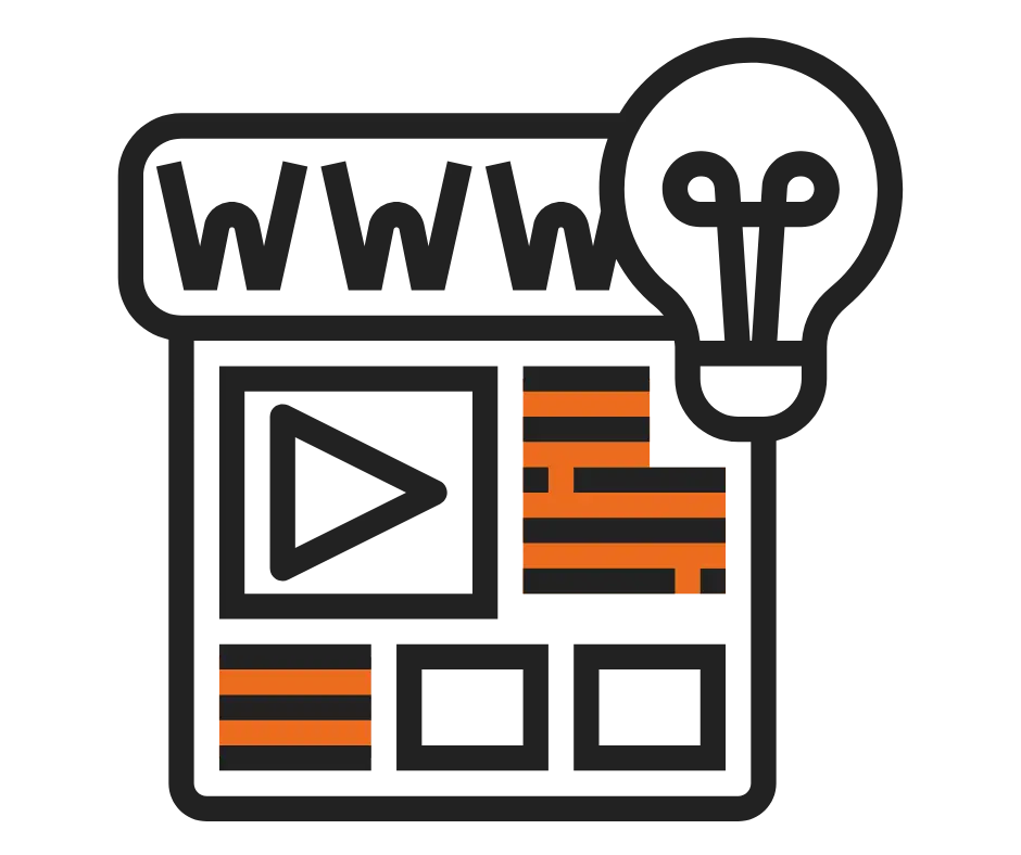 immagine molto stilizzata della pagina principale di un sito internet, con elementi geometrici a simboleggiare un pulsante, due immagini e due spazi per inserire testi. Nella parte superiore, a destra, il contorno della pagina forma il profilo di una lampadina stilizzata. Nella parte superiore, inserita in un elemento rettangolare, la scritta www. I profili sono in nero, con alcune parti in arancione