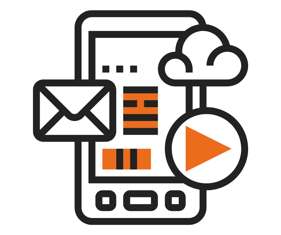 Immagine molto stilizzata con profili in nero di un telefono cellulare dove sono visibili alcuni elementi, stilizzati, sul bordo: una busta, una nuvola, un pulsante di avvio (cerchio con una triangolo arancione), All'interno due elementi geometrici rettangolari (uno verticale e uno orizzontale) in arancione con righe nere