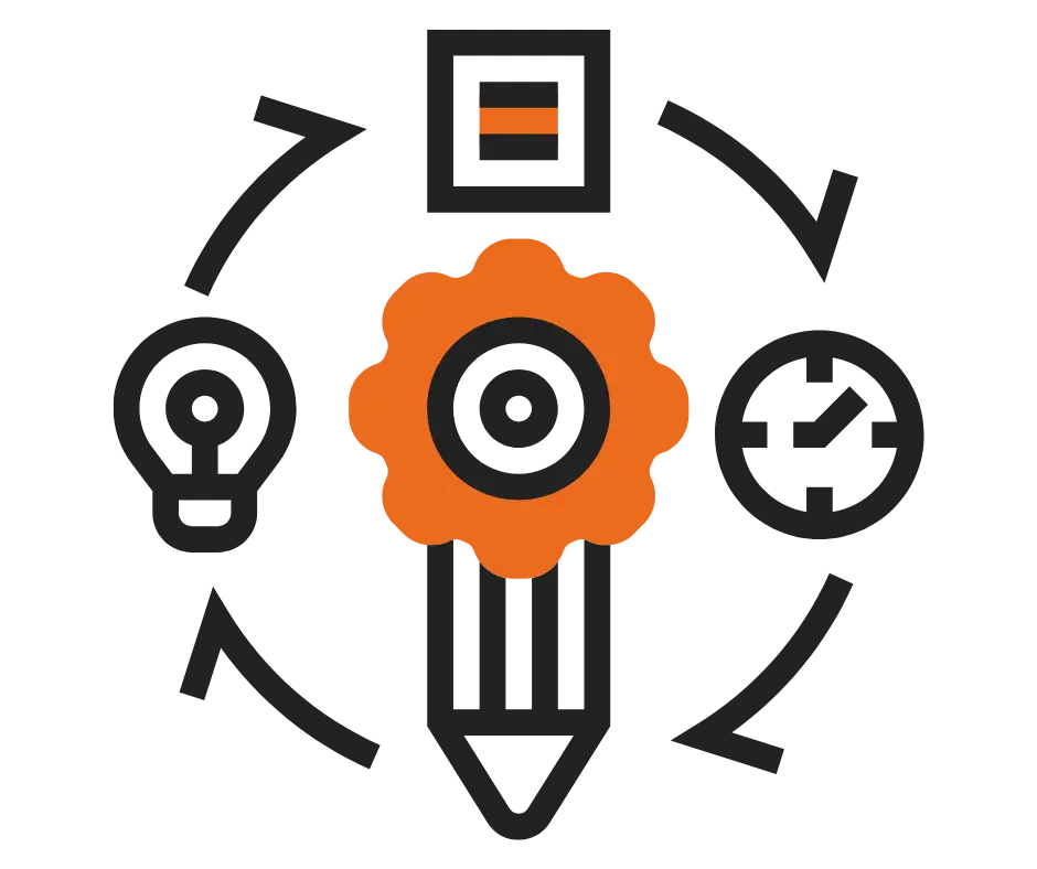 Disegno stilizzato con profili neri rappresentante un flusso di lavoro a forma circolare. al centro un disegno di una matita a punta in giù. L'estremo superiore è formato da una rotella, la cui ghiera è in arancione. in alto, sopra la rotella, un quadrato dal bordo nero con al centro un rettangolo formato da 3 righe con colori alternati: nero, arancione, nero), poi una freccia a desta, l'immagine stilizzata del quadrante di un orologio, una freccia, la punta della matita che sporge al centro basso, una freccia verso sinistra, il bulbo di una lampadina (a sinistra in opposizione all'orologio, una freccia. Le freccie collegano i vari elementi disposti ai 4 punti cardinali rispetto alla matita centrale. Le frecce hanno solo la parte di punta verso l'esterno (come delle specie di 7)