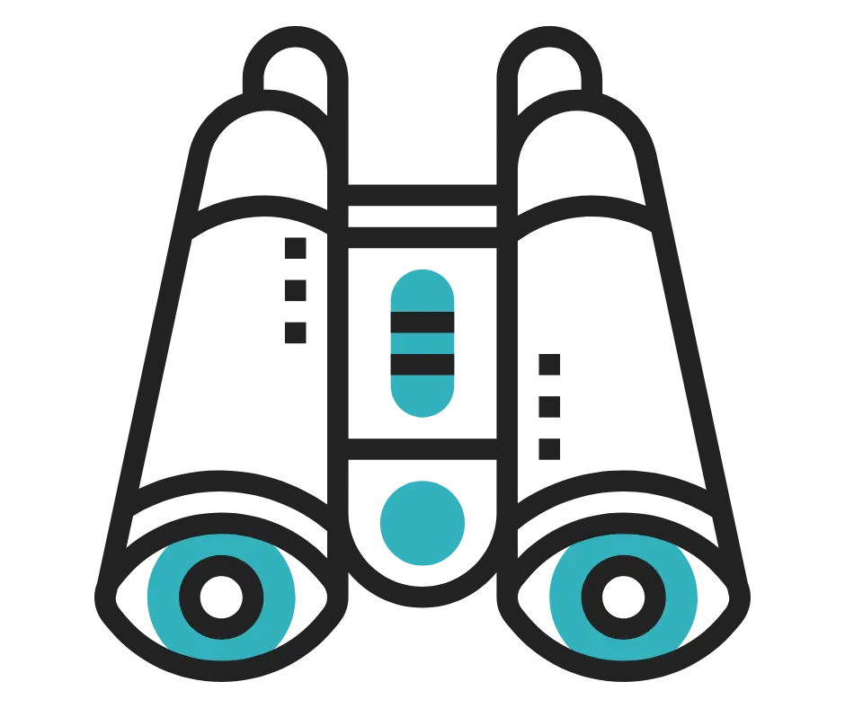 immagine stilizzata di un binocolo. I profili del disegno sono neri con alcuni elementi decorativi in turchese. Sulle lenti del binocolo sono inseriti due cerchi (uno nero e uno turchese) a disegnare delle pupille