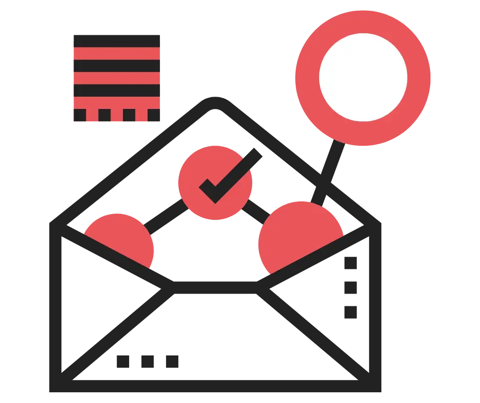 Disegno stilizzato di una busta aperta da cui escono elementi geometrici. I profili del disegno sono neri mentre gli elementi sono rossi geranio