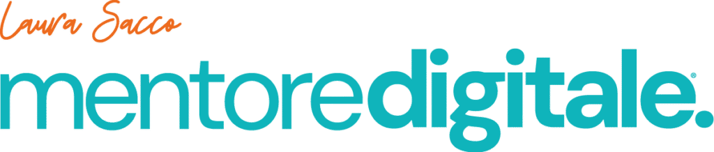 logo rettangolare in forma verbale con le parole Laura Sacco (in arancione) e carattere corsivo) e sotto mentore digitale, come a formare una parola unica (in turchese). L'allineamento complessivo è a sinistra